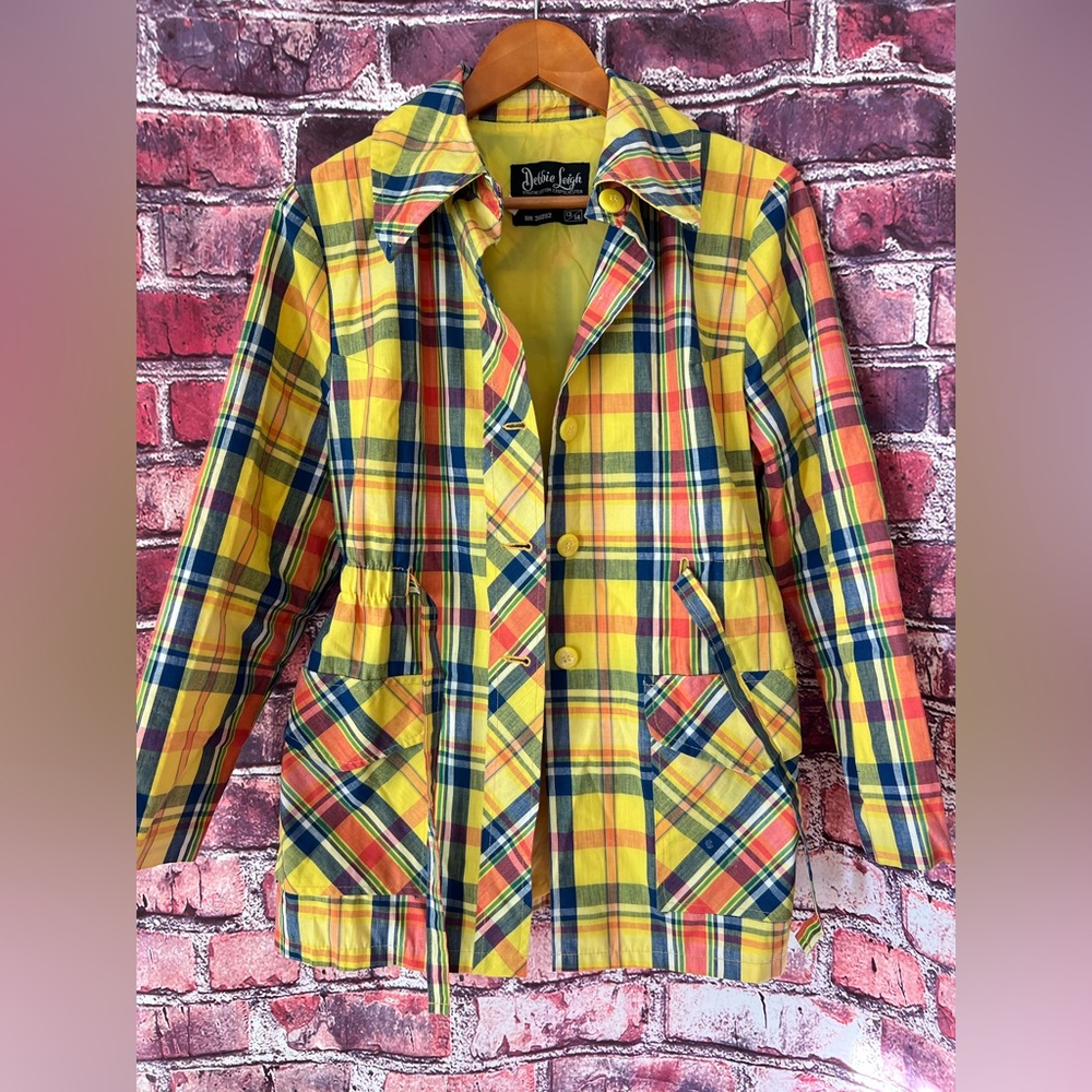 Vintage 60’s Debbie Leigh yellow cotton plaid preppy belted rain coat jacket - Picture 9 of 10